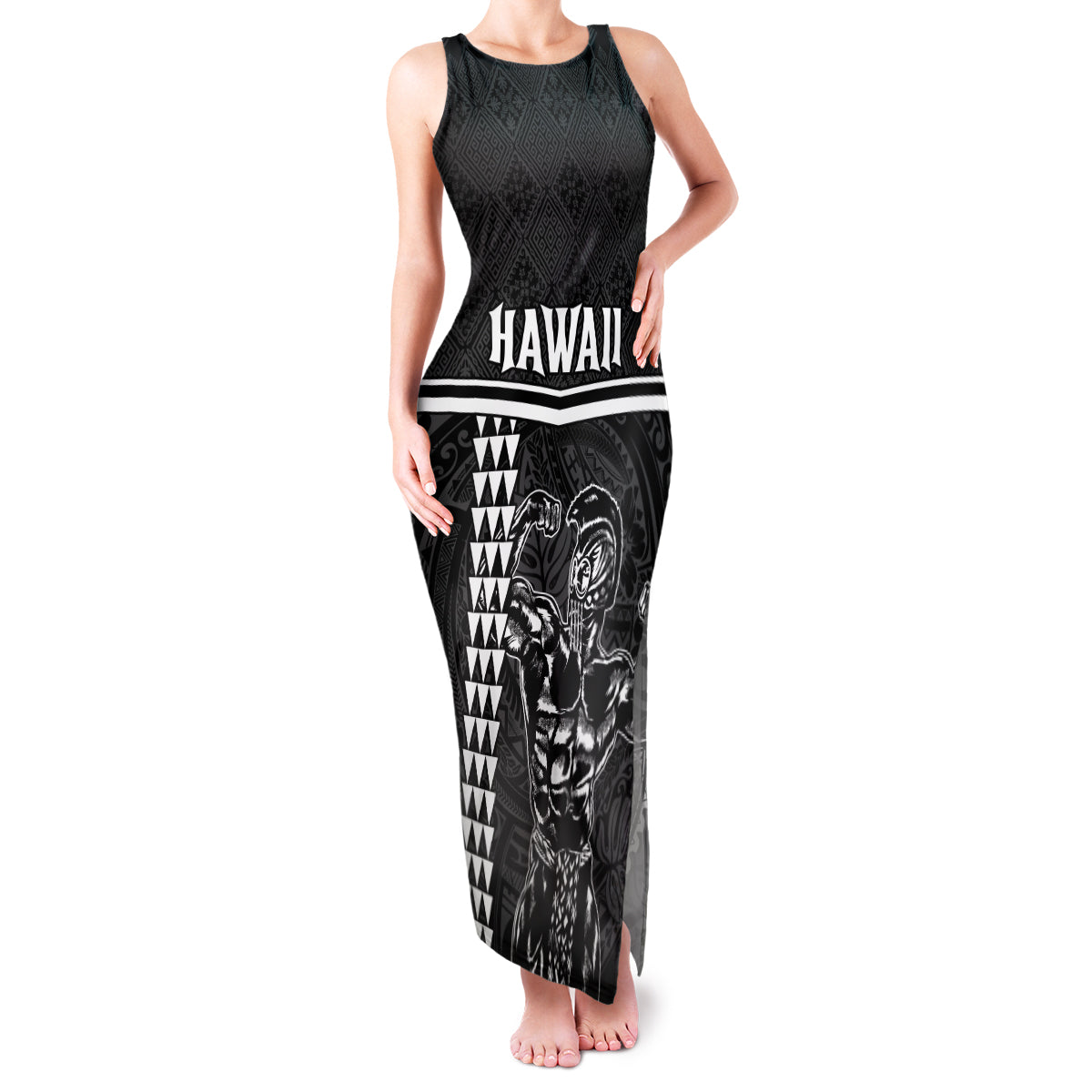 Custom Hawaii Warrior Family Matching Tank Maxi Dress and Hawaiian Shirt Kakau Quilt Pattern LT03 Mom's Dress Black - Polynesian Pride