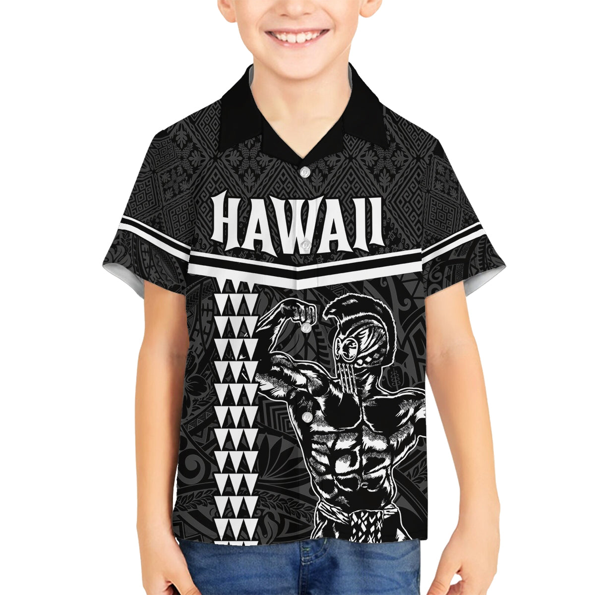 Custom Hawaii Warrior Family Matching Tank Maxi Dress and Hawaiian Shirt Kakau Quilt Pattern LT03 Son's Shirt Black - Polynesian Pride