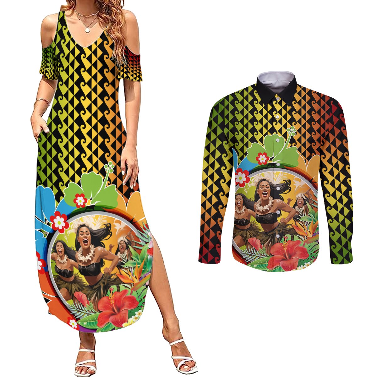 Hawaii Womens Day Wahine Couples Matching Summer Maxi Dress and Long Sleeve Button Shirt Strong Beautiful Woman with Kakau Style LT03 Red - Polynesian Pride