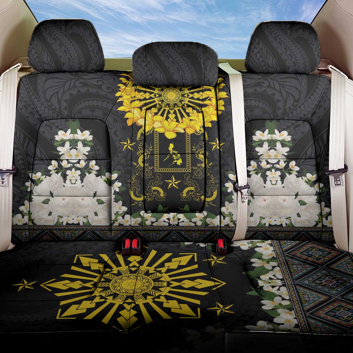 Flores de Mayo and Filipino Fiesta Back Car Seat Cover The Sun-Jasmine and Polynesian Yakan Tattoo Barong Style LT03 One Size Black - Polynesian Pride