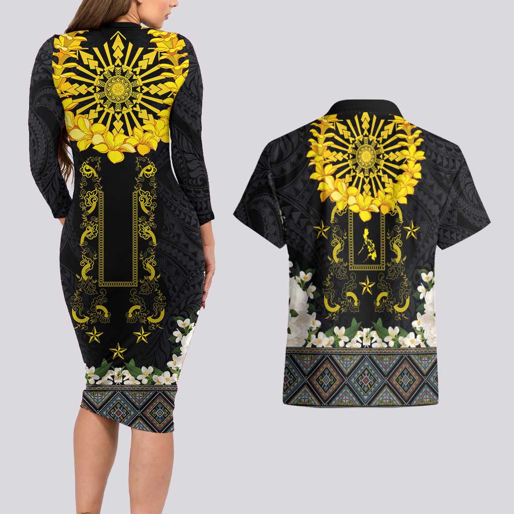 Flores de Mayo and Filipino Fiesta Couples Matching Long Sleeve Bodycon Dress and Hawaiian Shirt The Sun-Jasmine and Polynesian Yakan Tattoo Barong Style LT03 - Polynesian Pride