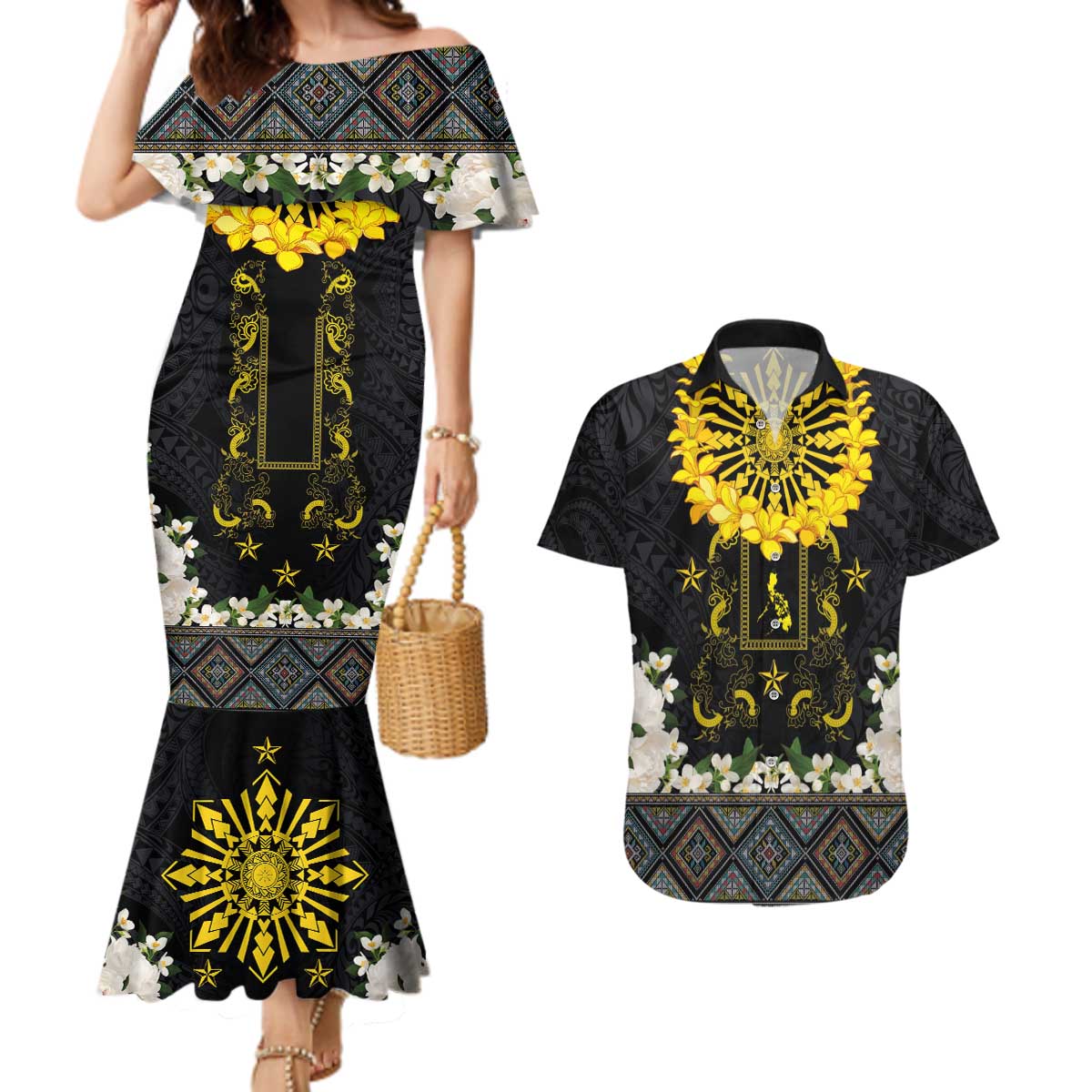 Flores de Mayo and Filipino Fiesta Couples Matching Mermaid Dress and Hawaiian Shirt The Sun-Jasmine and Polynesian Yakan Tattoo Barong Style LT03 Black - Polynesian Pride