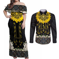 Flores de Mayo and Filipino Fiesta Couples Matching Off Shoulder Maxi Dress and Long Sleeve Button Shirt The Sun-Jasmine and Polynesian Yakan Tattoo Barong Style LT03 Black - Polynesian Pride