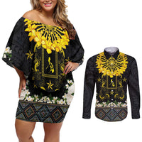 Flores de Mayo and Filipino Fiesta Couples Matching Off Shoulder Short Dress and Long Sleeve Button Shirt The Sun-Jasmine and Polynesian Yakan Tattoo Barong Style LT03 Black - Polynesian Pride