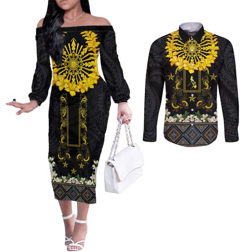 Flores de Mayo and Filipino Fiesta Couples Matching Off The Shoulder Long Sleeve Dress and Long Sleeve Button Shirt The Sun-Jasmine and Polynesian Yakan Tattoo Barong Style LT03 Black - Polynesian Pride