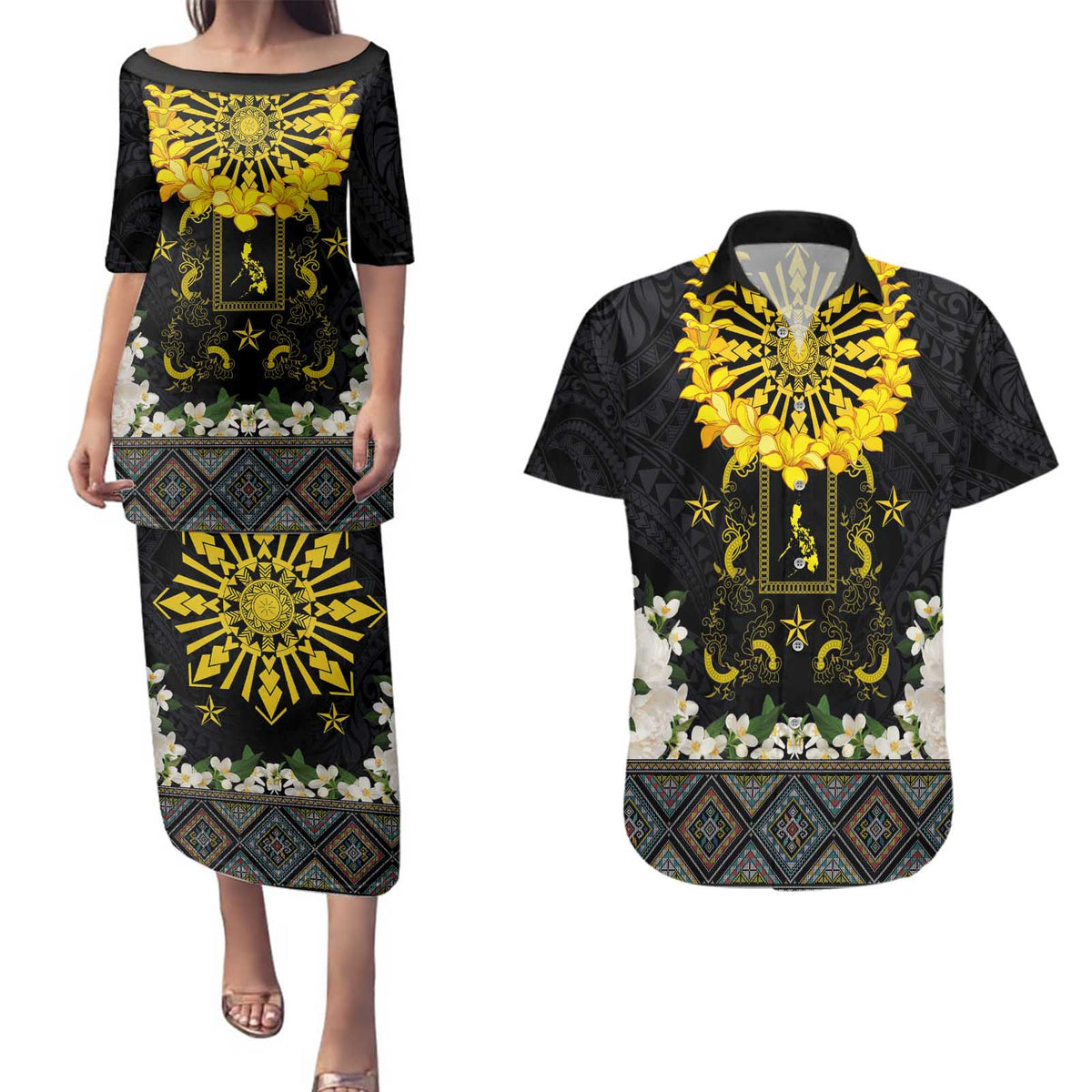 Flores de Mayo and Filipino Fiesta Couples Matching Puletasi and Hawaiian Shirt The Sun-Jasmine and Polynesian Yakan Tattoo Barong Style LT03 Black - Polynesian Pride