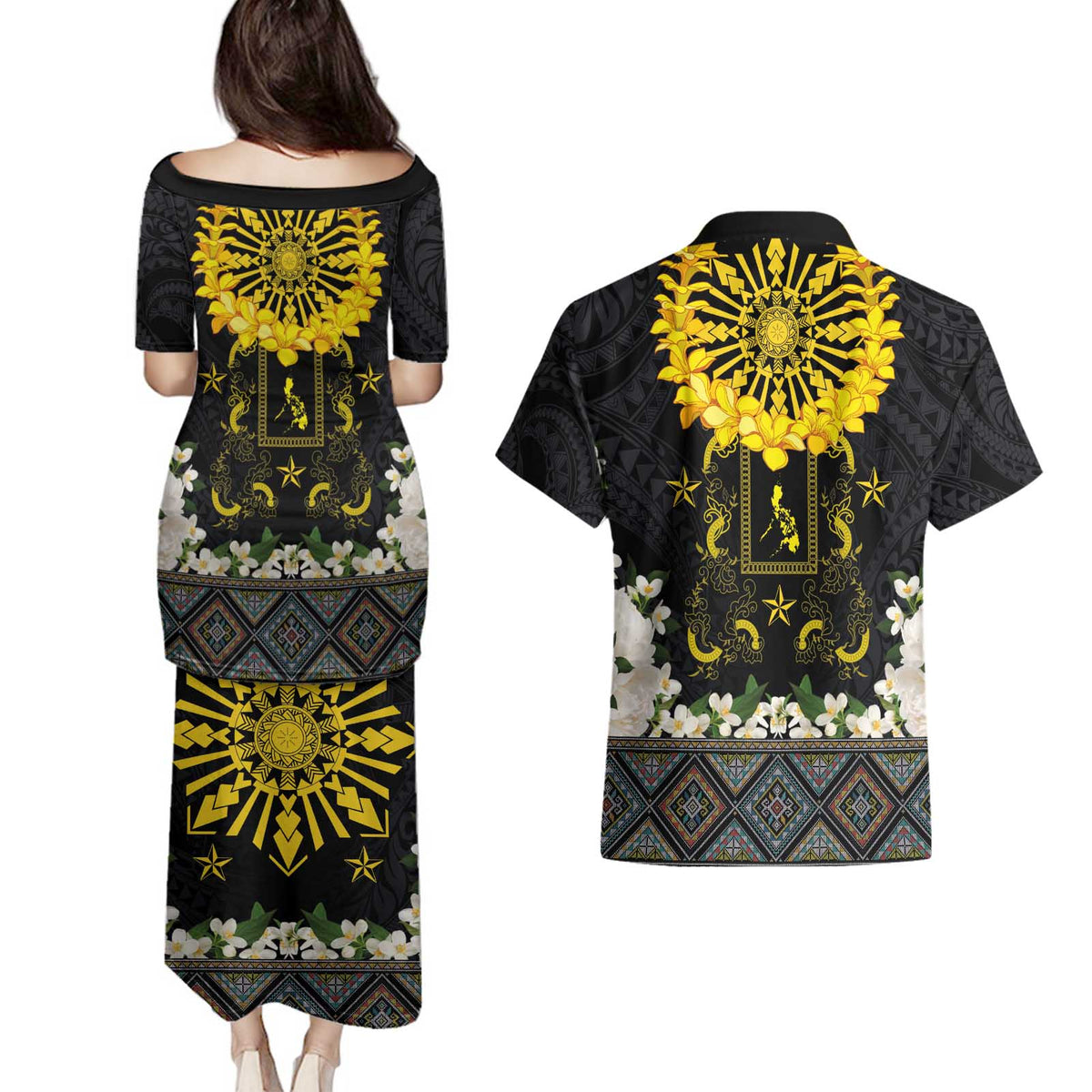 Flores de Mayo and Filipino Fiesta Couples Matching Puletasi and Hawaiian Shirt The Sun-Jasmine and Polynesian Yakan Tattoo Barong Style LT03 - Polynesian Pride