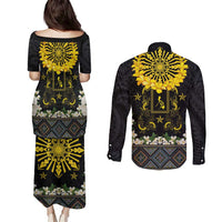 Flores de Mayo and Filipino Fiesta Couples Matching Puletasi and Long Sleeve Button Shirt The Sun-Jasmine and Polynesian Yakan Tattoo Barong Style LT03 - Polynesian Pride
