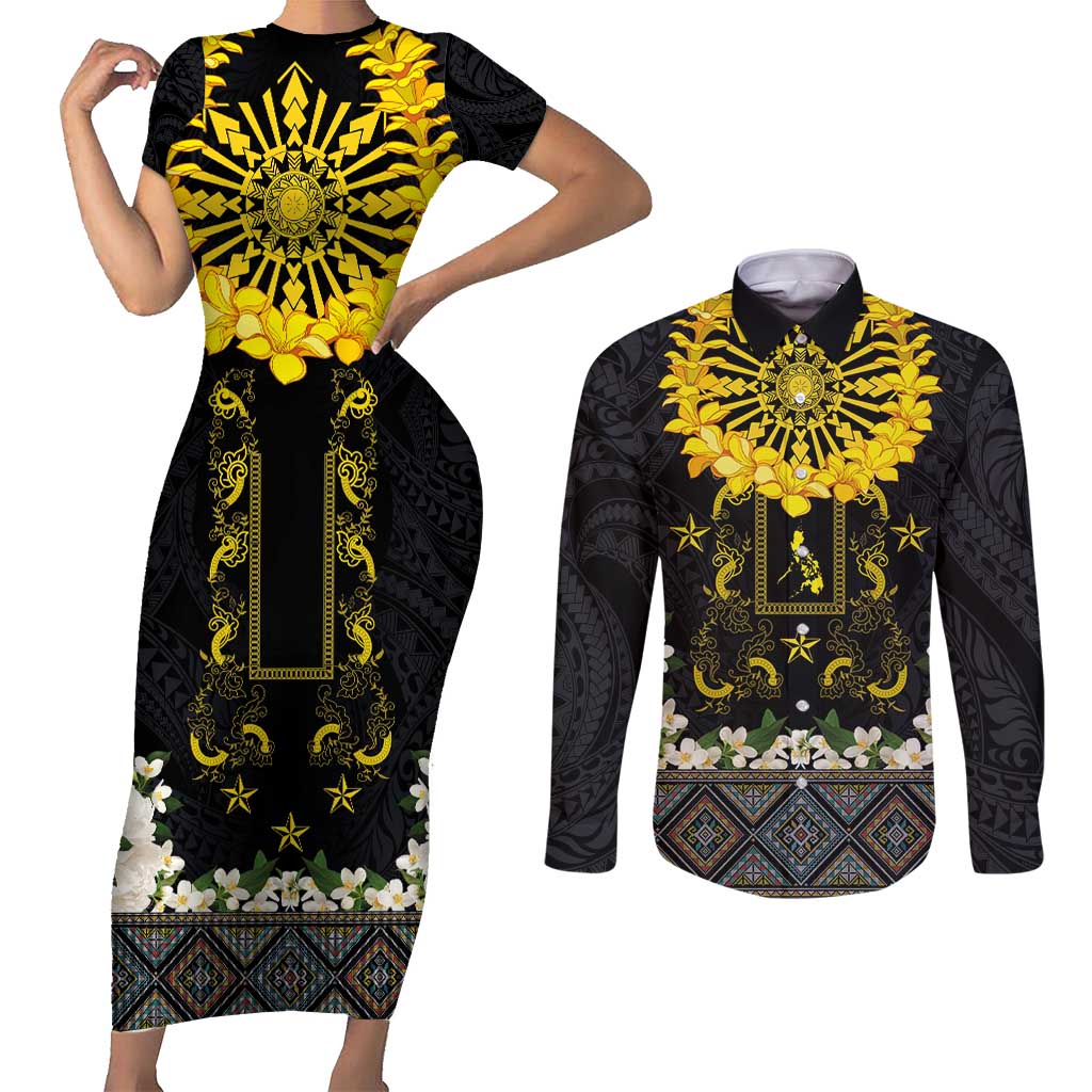 Flores de Mayo and Filipino Fiesta Couples Matching Short Sleeve Bodycon Dress and Long Sleeve Button Shirt The Sun-Jasmine and Polynesian Yakan Tattoo Barong Style LT03 Black - Polynesian Pride
