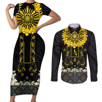 Flores de Mayo and Filipino Fiesta Couples Matching Short Sleeve Bodycon Dress and Long Sleeve Button Shirt The Sun-Jasmine and Polynesian Yakan Tattoo Barong Style LT03 Black - Polynesian Pride