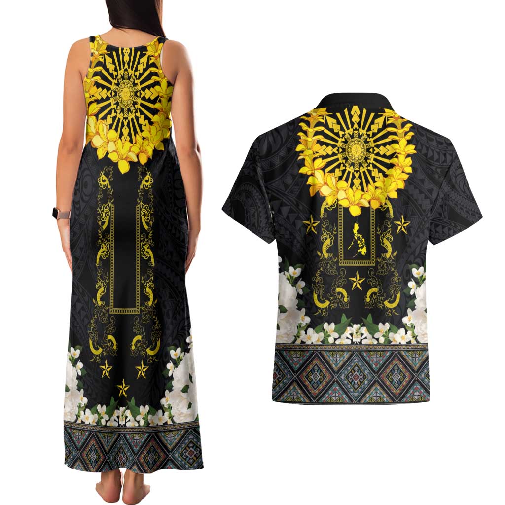 Flores de Mayo and Filipino Fiesta Couples Matching Tank Maxi Dress and Hawaiian Shirt The Sun-Jasmine and Polynesian Yakan Tattoo Barong Style LT03 - Polynesian Pride