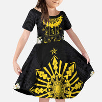 Flores de Mayo and Filipino Fiesta Family Matching Long Sleeve Bodycon Dress and Hawaiian Shirt The Sun-Jasmine and Polynesian Yakan Tattoo Barong Style LT03 Daughter's Dress Black - Polynesian Pride