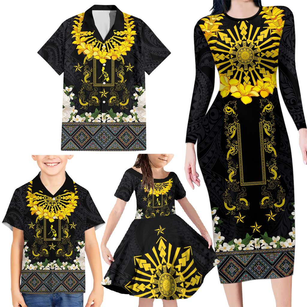 Flores de Mayo and Filipino Fiesta Family Matching Long Sleeve Bodycon Dress and Hawaiian Shirt The Sun-Jasmine and Polynesian Yakan Tattoo Barong Style LT03 - Polynesian Pride