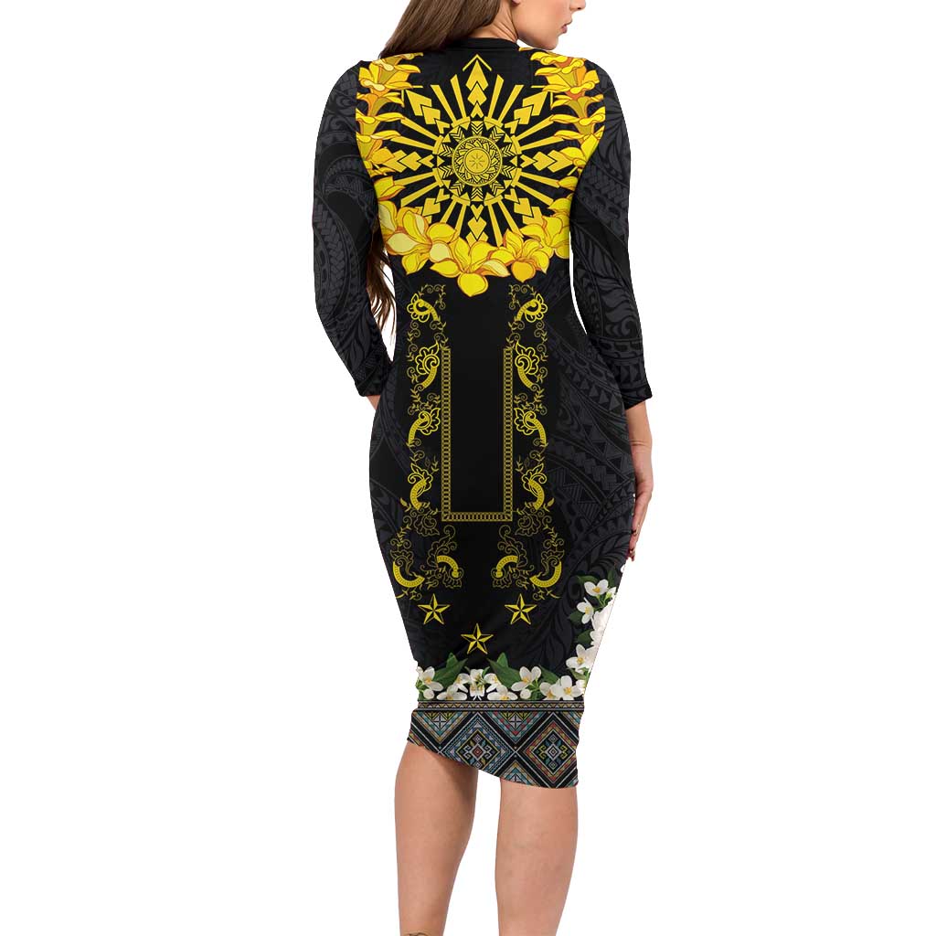 Flores de Mayo and Filipino Fiesta Family Matching Long Sleeve Bodycon Dress and Hawaiian Shirt The Sun-Jasmine and Polynesian Yakan Tattoo Barong Style LT03 - Polynesian Pride