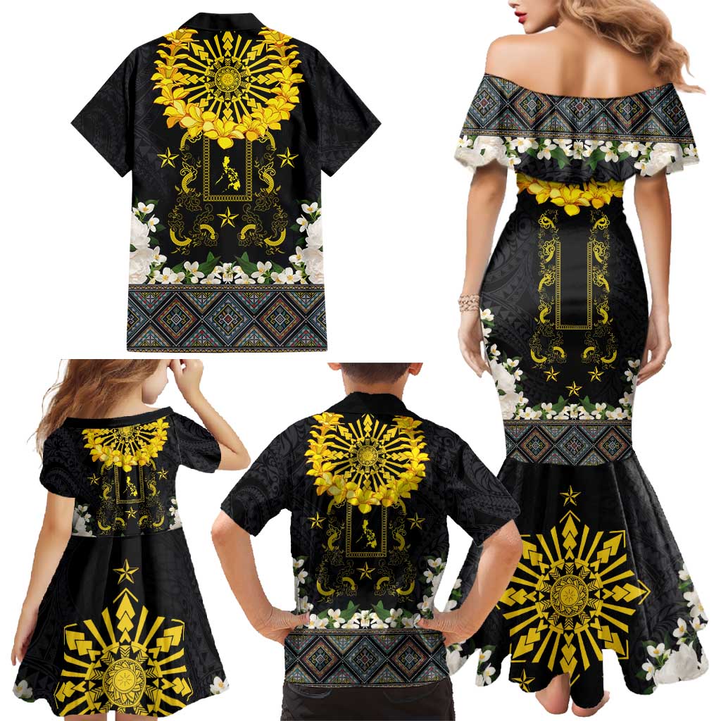 Flores de Mayo and Filipino Fiesta Family Matching Mermaid Dress and Hawaiian Shirt The Sun-Jasmine and Polynesian Yakan Tattoo Barong Style LT03 - Polynesian Pride
