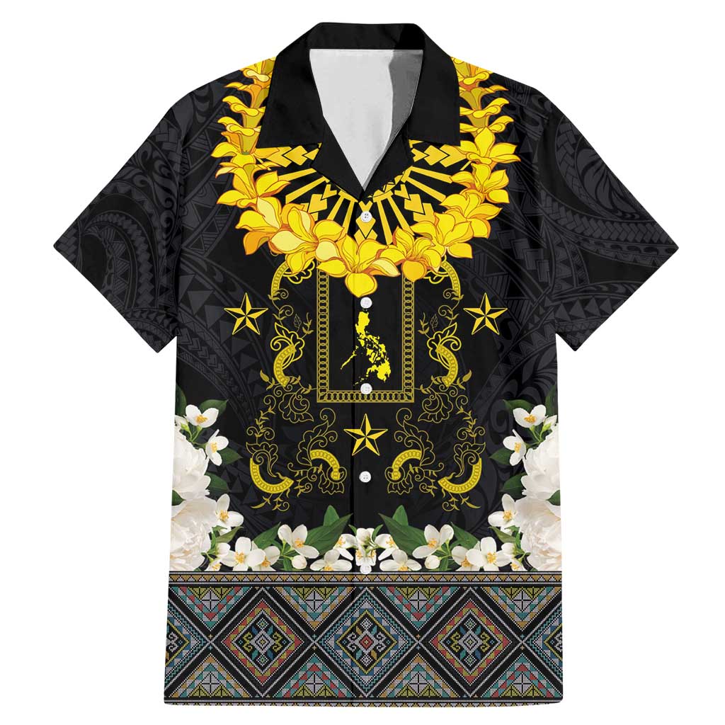 Flores de Mayo and Filipino Fiesta Family Matching Mermaid Dress and Hawaiian Shirt The Sun-Jasmine and Polynesian Yakan Tattoo Barong Style LT03 Dad's Shirt - Short Sleeve Black - Polynesian Pride