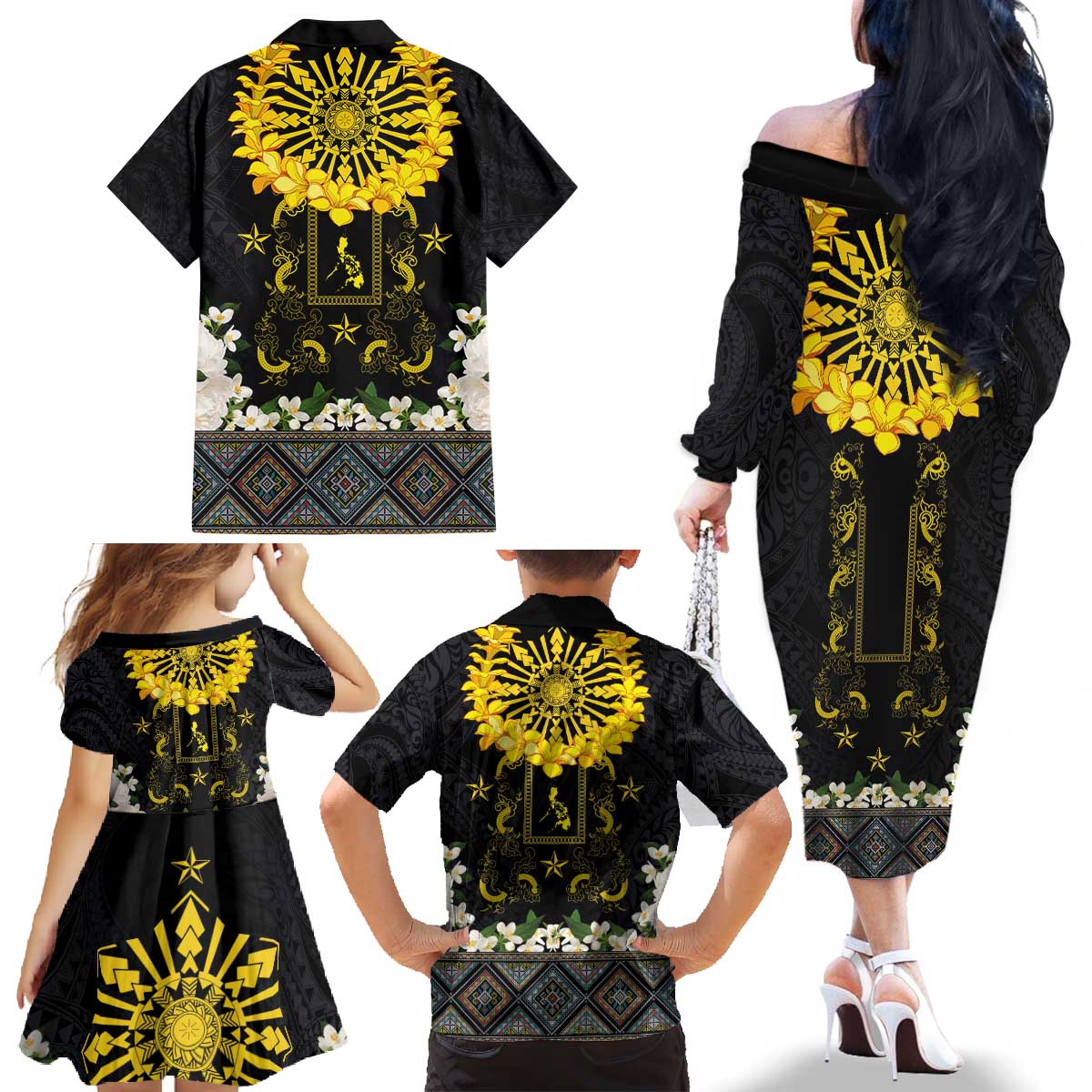 Flores de Mayo and Filipino Fiesta Family Matching Off The Shoulder Long Sleeve Dress and Hawaiian Shirt The Sun-Jasmine and Polynesian Yakan Tattoo Barong Style LT03 - Polynesian Pride