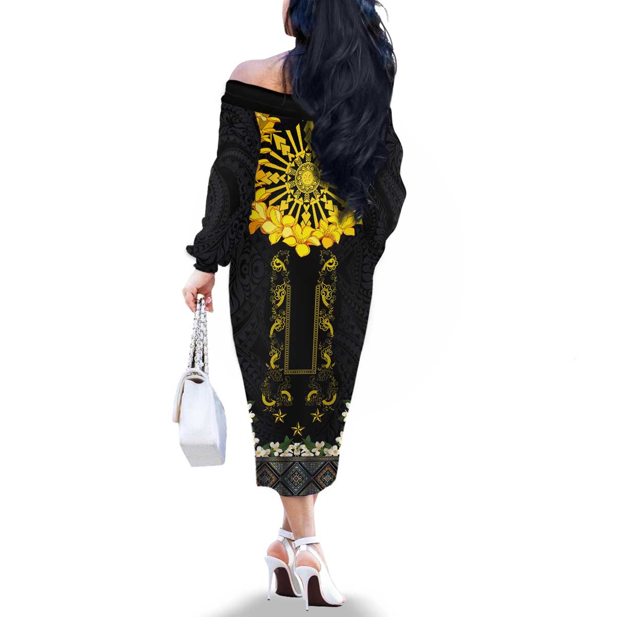 Flores de Mayo and Filipino Fiesta Family Matching Off The Shoulder Long Sleeve Dress and Hawaiian Shirt The Sun-Jasmine and Polynesian Yakan Tattoo Barong Style LT03 - Polynesian Pride