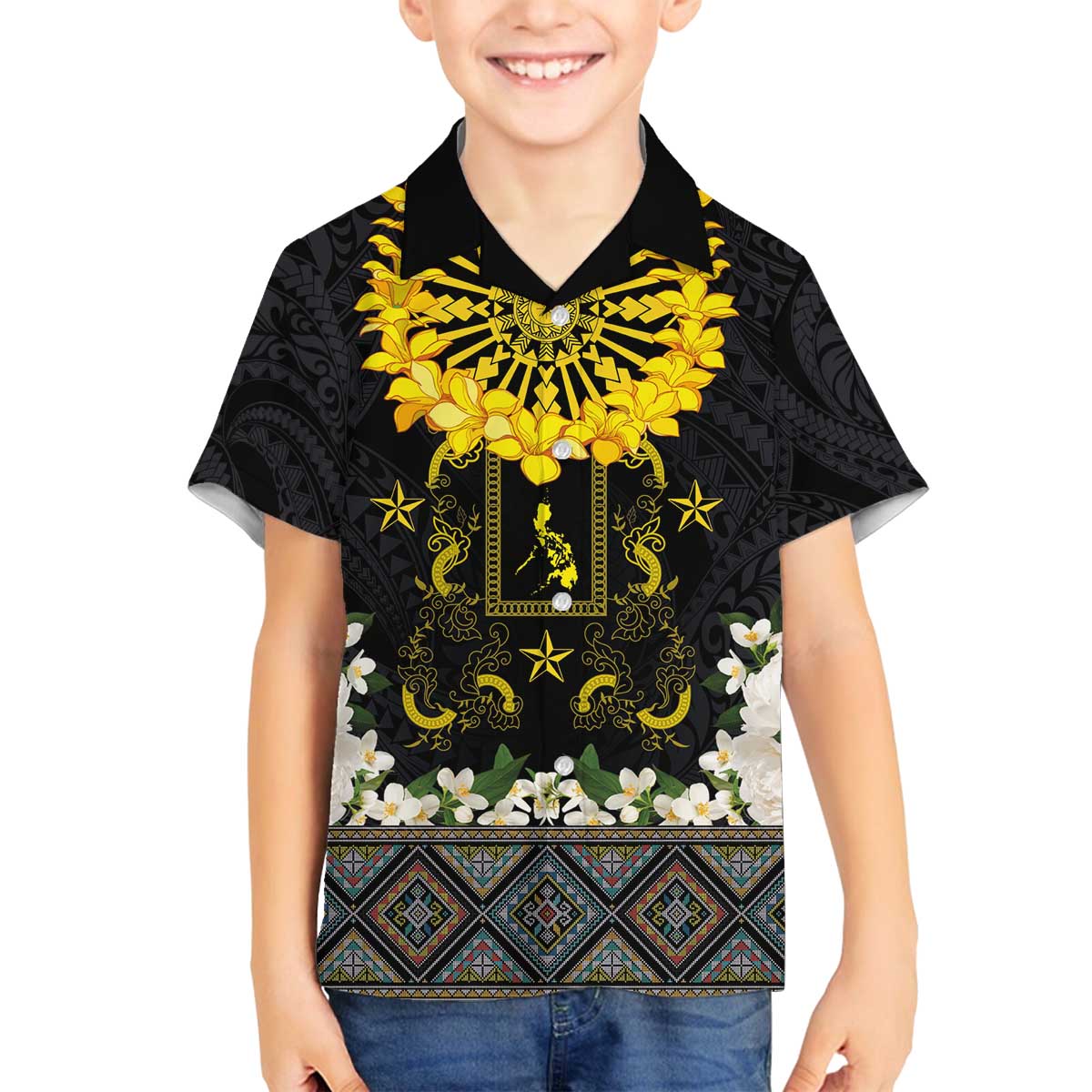 Flores de Mayo and Filipino Fiesta Family Matching Off The Shoulder Long Sleeve Dress and Hawaiian Shirt The Sun-Jasmine and Polynesian Yakan Tattoo Barong Style LT03 Son's Shirt Black - Polynesian Pride