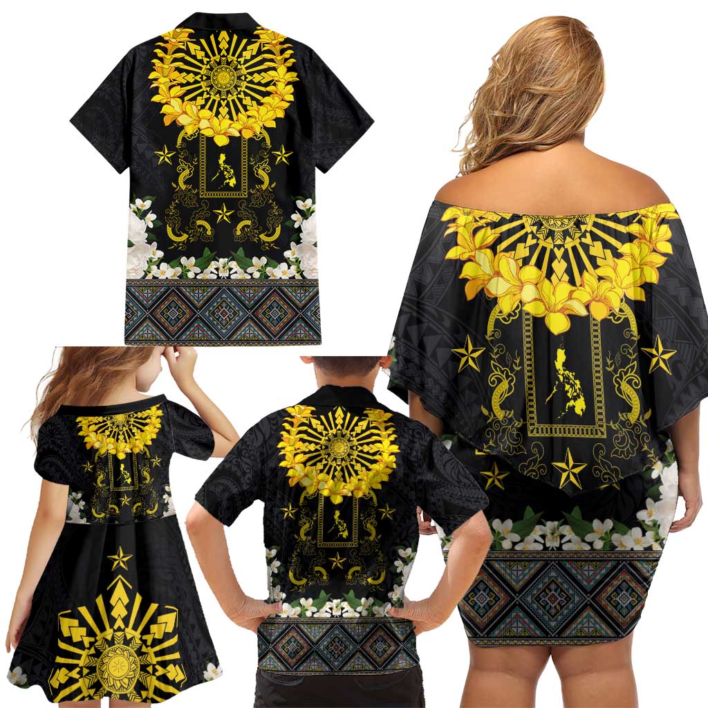 Flores de Mayo and Filipino Fiesta Family Matching Off Shoulder Short Dress and Hawaiian Shirt The Sun-Jasmine and Polynesian Yakan Tattoo Barong Style LT03 - Polynesian Pride