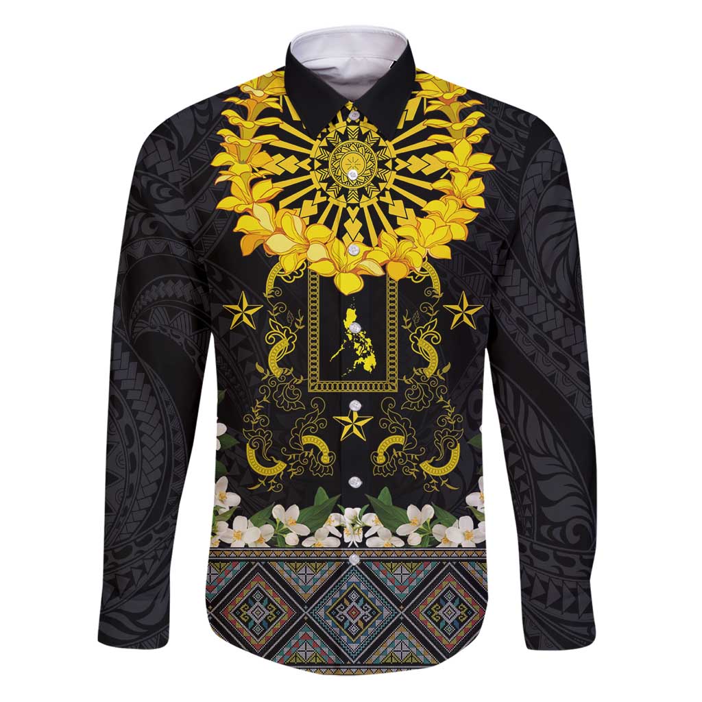 Flores de Mayo and Filipino Fiesta Family Matching Puletasi and Hawaiian Shirt The Sun-Jasmine and Polynesian Yakan Tattoo Barong Style LT03 Dad's Shirt - Long Sleeve Black - Polynesian Pride