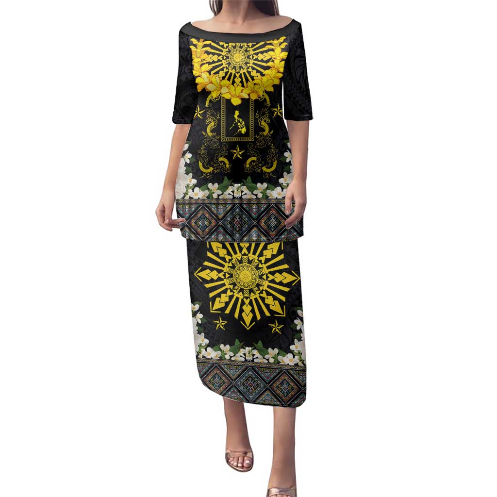 Flores de Mayo and Filipino Fiesta Family Matching Puletasi and Hawaiian Shirt The Sun-Jasmine and Polynesian Yakan Tattoo Barong Style LT03 Mom's Dress Black - Polynesian Pride