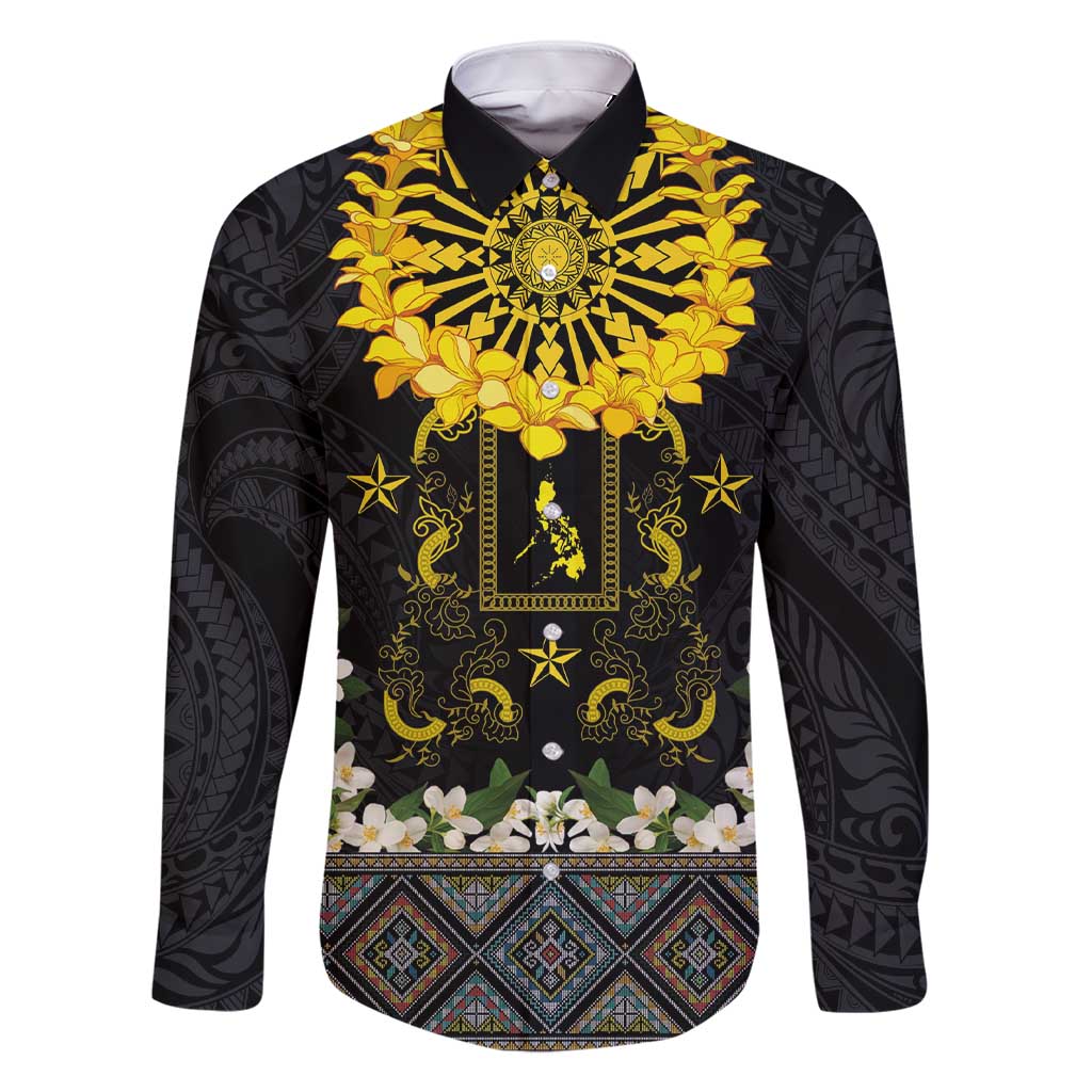 Flores de Mayo and Filipino Fiesta Family Matching Short Sleeve Bodycon Dress and Hawaiian Shirt The Sun-Jasmine and Polynesian Yakan Tattoo Barong Style LT03 Dad's Shirt - Long Sleeve Black - Polynesian Pride
