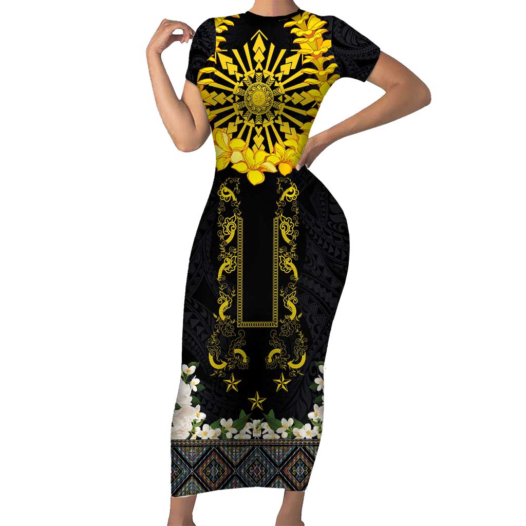 Flores de Mayo and Filipino Fiesta Family Matching Short Sleeve Bodycon Dress and Hawaiian Shirt The Sun-Jasmine and Polynesian Yakan Tattoo Barong Style LT03 Mom's Dress Black - Polynesian Pride