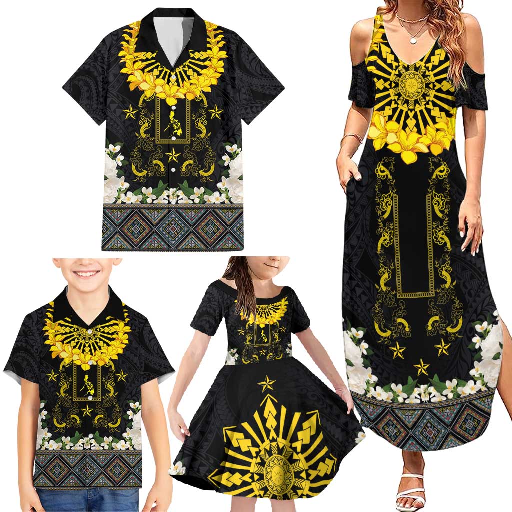 Flores de Mayo and Filipino Fiesta Family Matching Summer Maxi Dress and Hawaiian Shirt The Sun-Jasmine and Polynesian Yakan Tattoo Barong Style LT03 - Polynesian Pride