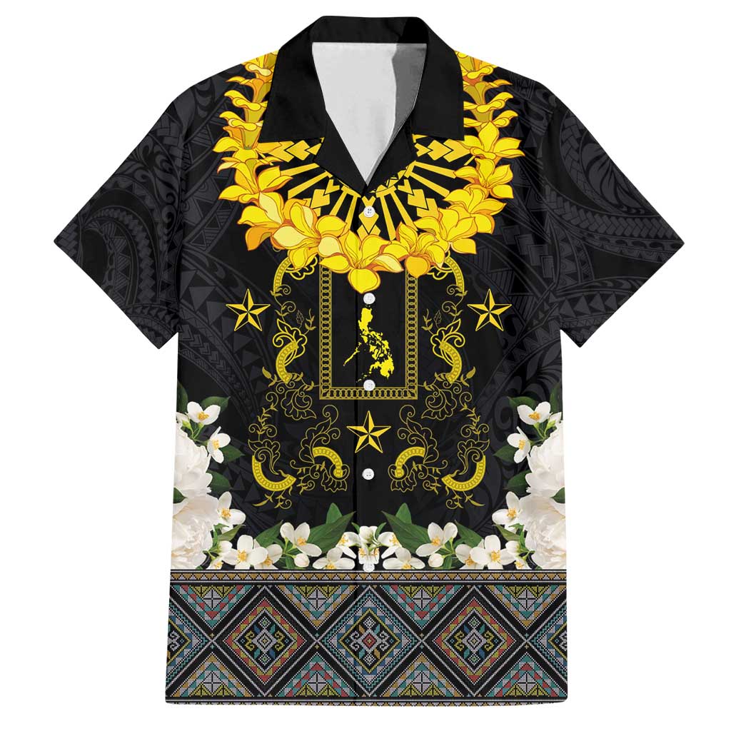Flores de Mayo and Filipino Fiesta Family Matching Summer Maxi Dress and Hawaiian Shirt The Sun-Jasmine and Polynesian Yakan Tattoo Barong Style LT03 Dad's Shirt - Short Sleeve Black - Polynesian Pride