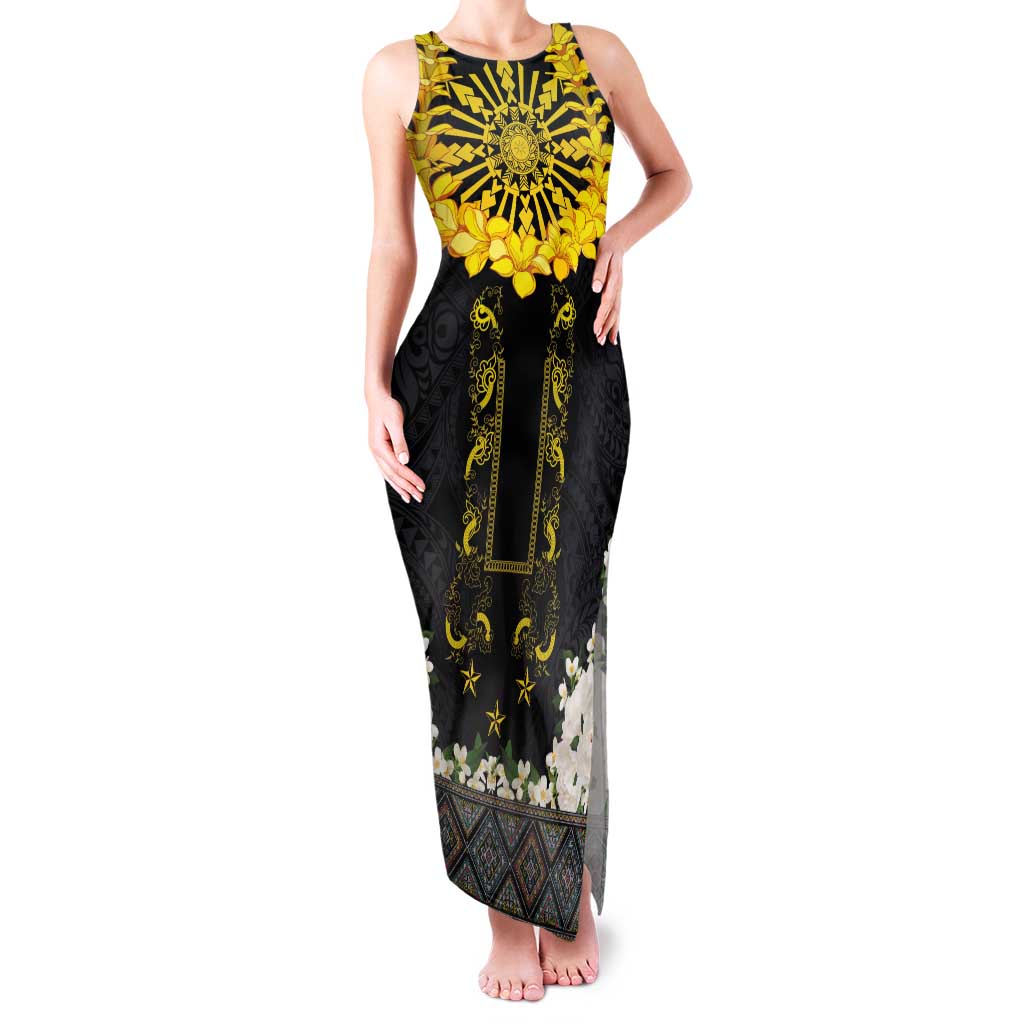 Flores de Mayo and Filipino Fiesta Family Matching Tank Maxi Dress and Hawaiian Shirt The Sun-Jasmine and Polynesian Yakan Tattoo Barong Style LT03 Mom's Dress Black - Polynesian Pride