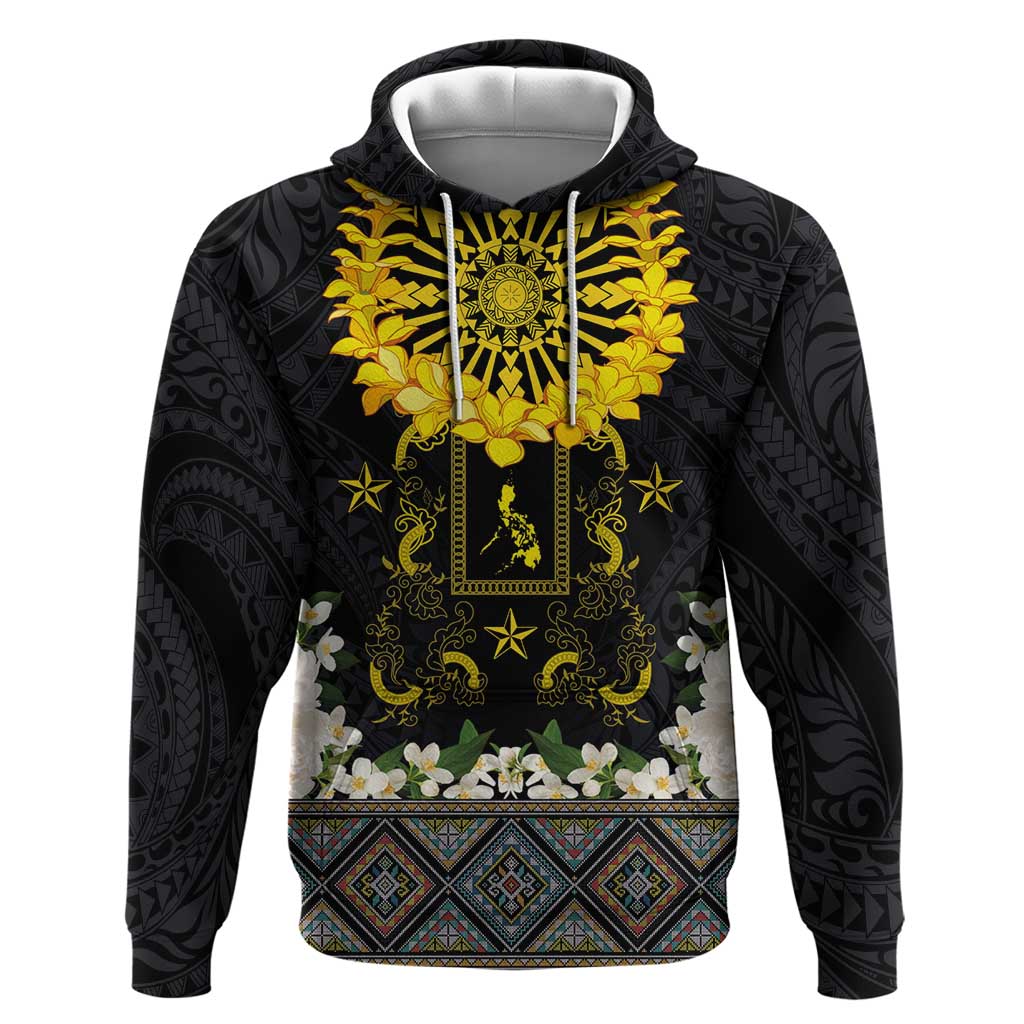 Flores de Mayo and Filipino Fiesta Hoodie The Sun-Jasmine and Polynesian Yakan Tattoo Barong Style LT03 Pullover Hoodie Black - Polynesian Pride