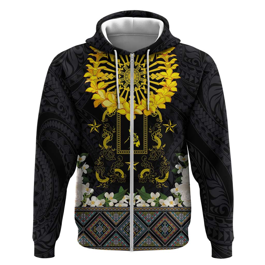 Flores de Mayo and Filipino Fiesta Hoodie The Sun-Jasmine and Polynesian Yakan Tattoo Barong Style LT03 Zip Hoodie Black - Polynesian Pride