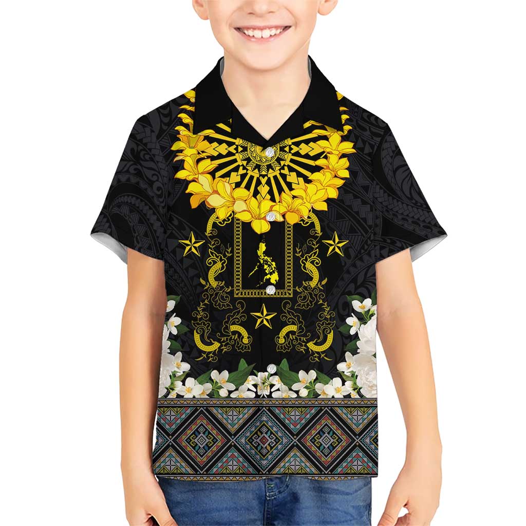 Flores de Mayo and Filipino Fiesta Kid Hawaiian Shirt The Sun-Jasmine and Polynesian Yakan Tattoo Barong Style LT03 Kid Black - Polynesian Pride