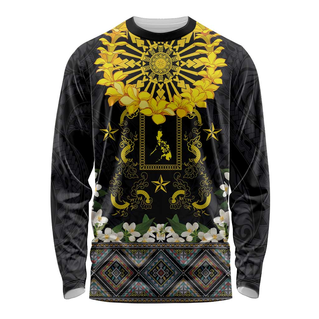 Flores de Mayo and Filipino Fiesta Long Sleeve Shirt The Sun-Jasmine and Polynesian Yakan Tattoo Barong Style LT03 Unisex Black - Polynesian Pride