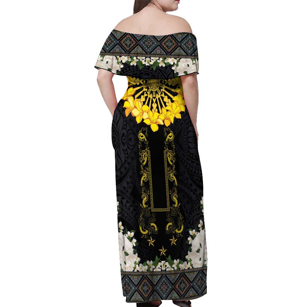 Flores de Mayo and Filipino Fiesta Off Shoulder Maxi Dress The Sun-Jasmine and Polynesian Yakan Tattoo Barong Style