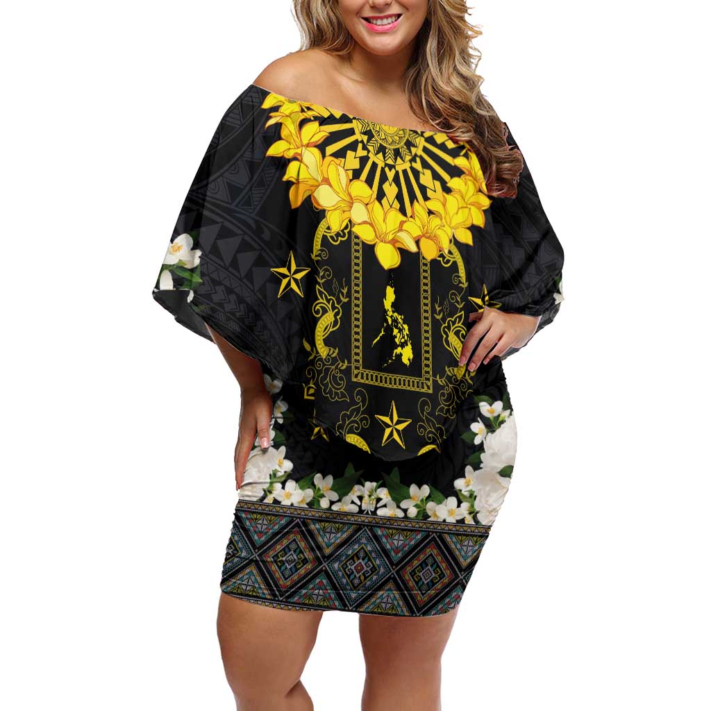Flores de Mayo and Filipino Fiesta Off Shoulder Short Dress The Sun-Jasmine and Polynesian Yakan Tattoo Barong Style LT03 Women Black - Polynesian Pride