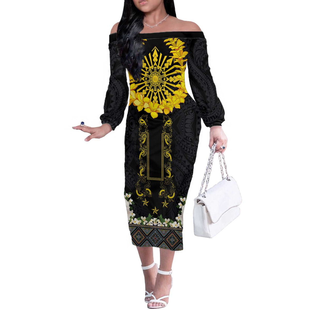 Flores de Mayo and Filipino Fiesta Off The Shoulder Long Sleeve Dress The Sun-Jasmine and Polynesian Yakan Tattoo Barong Style