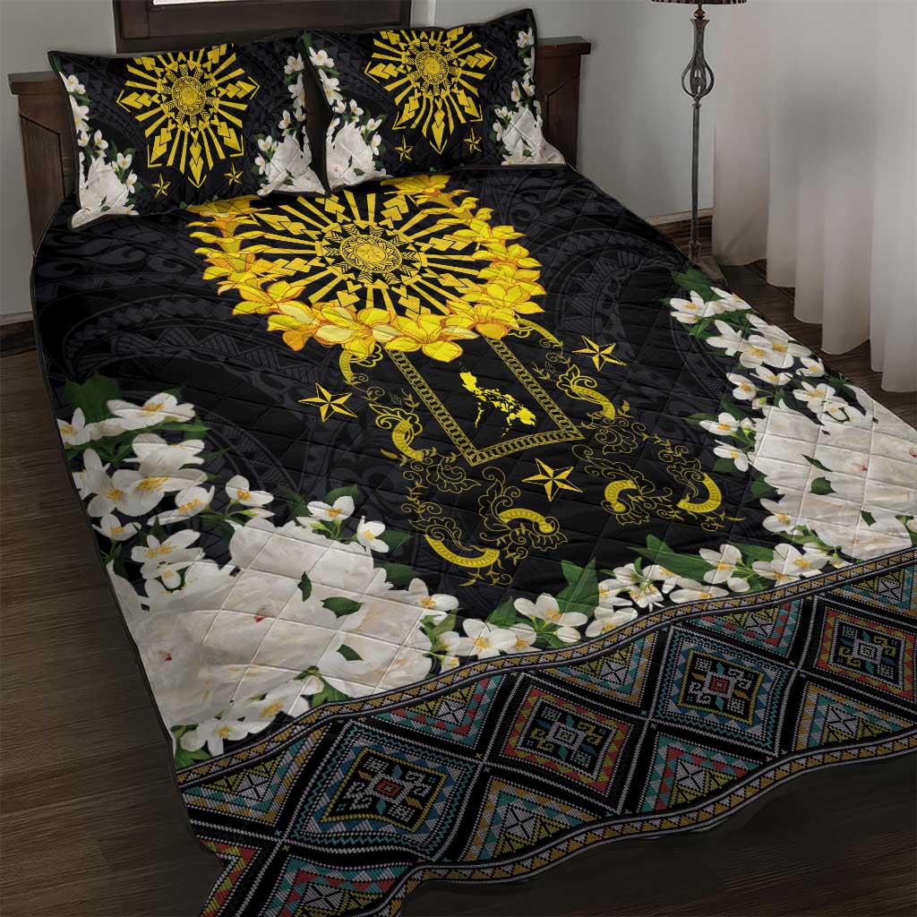 Flores de Mayo and Filipino Fiesta Quilt Bed Set The Sun-Jasmine and Polynesian Yakan Tattoo Barong Style LT03 Black - Polynesian Pride