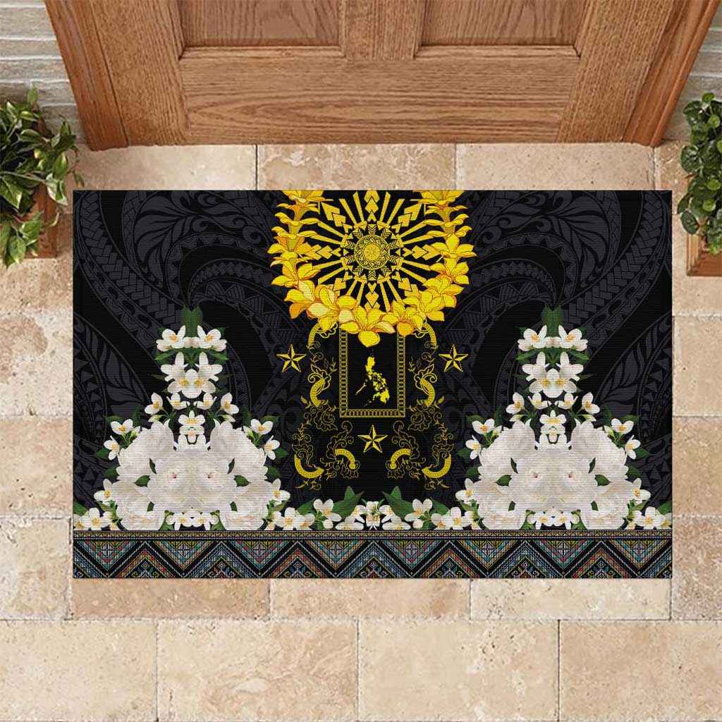 Flores de Mayo and Filipino Fiesta Rubber Doormat The Sun-Jasmine and Polynesian Yakan Tattoo Barong Style LT03 Black - Polynesian Pride
