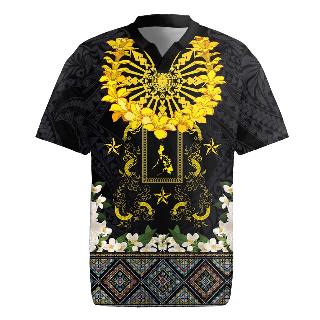 Flores de Mayo and Filipino Fiesta Rugby Jersey The Sun-Jasmine and Polynesian Yakan Tattoo Barong Style LT03 Black - Polynesian Pride