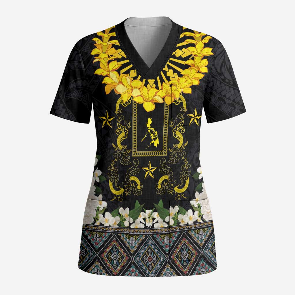 Flores de Mayo and Filipino Fiesta Scrub Top The Sun-Jasmine and Polynesian Yakan Tattoo Barong Style LT03 Adult Black - Polynesian Pride
