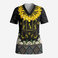 Flores de Mayo and Filipino Fiesta Scrub Top The Sun-Jasmine and Polynesian Yakan Tattoo Barong Style LT03 Adult Black - Polynesian Pride