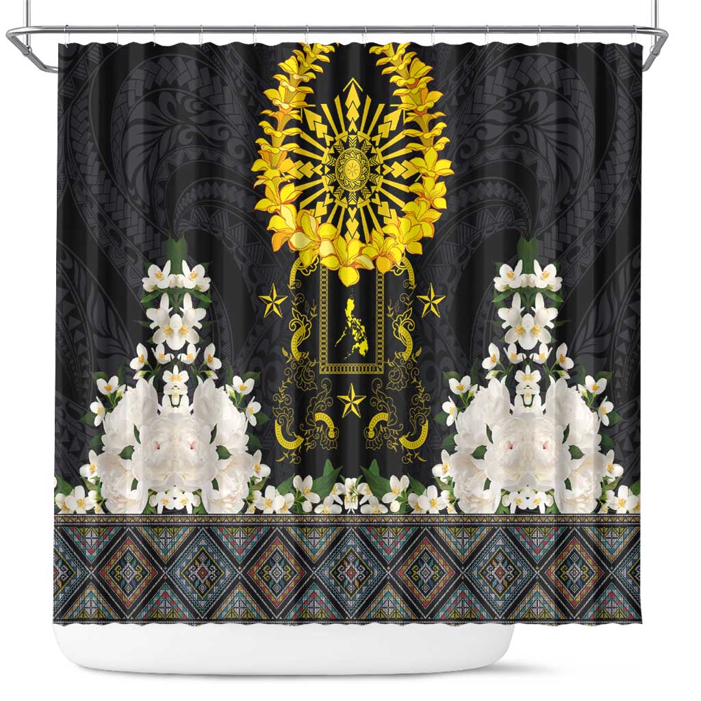 Flores de Mayo and Filipino Fiesta Shower Curtain The Sun-Jasmine and Polynesian Yakan Tattoo Barong Style LT03 Black - Polynesian Pride