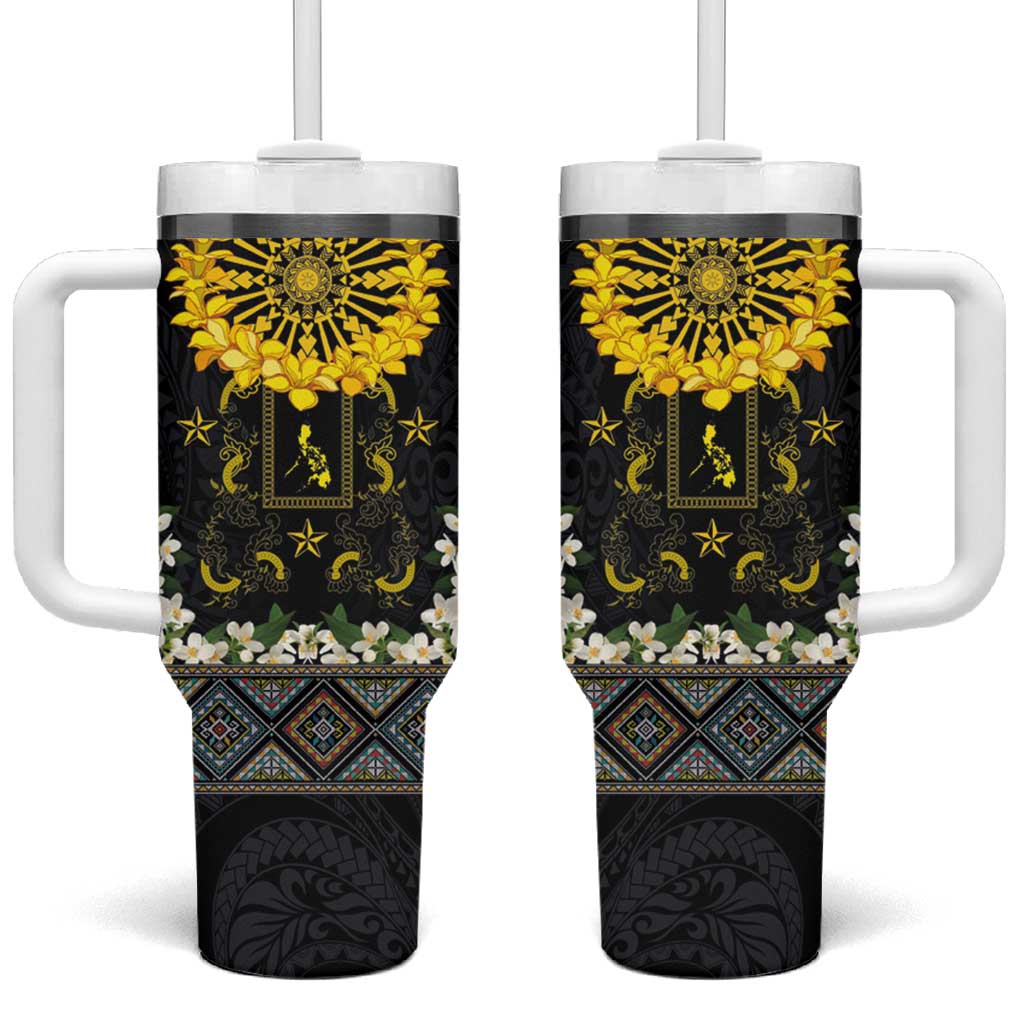 Flores de Mayo and Filipino Fiesta Tumbler With Handle The Sun-Jasmine and Polynesian Yakan Tattoo Barong Style LT03 One Size: 40 oz Black - Polynesian Pride