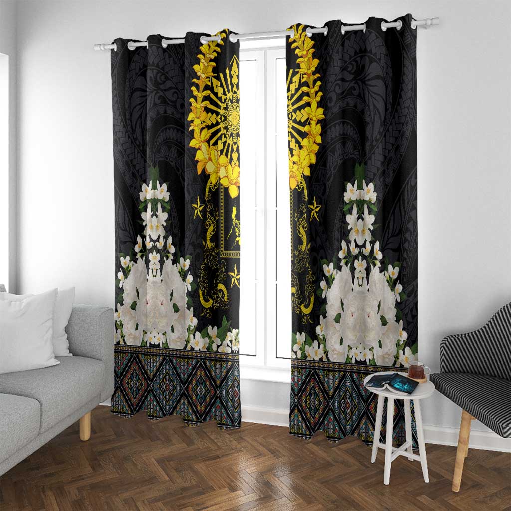 Flores de Mayo and Filipino Fiesta Window Curtain The Sun-Jasmine and Polynesian Yakan Tattoo Barong Style LT03 With Grommets Black - Polynesian Pride