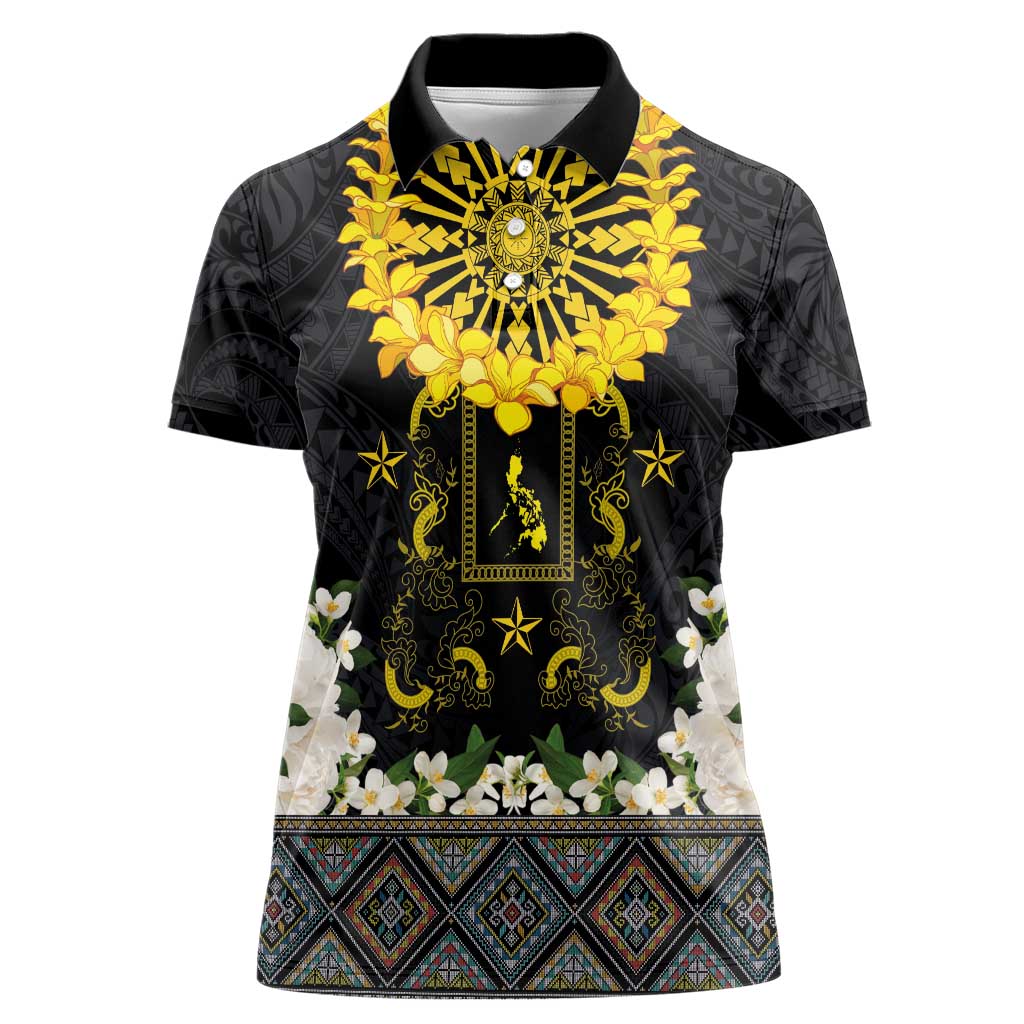 Flores de Mayo and Filipino Fiesta Women Polo Shirt The Sun-Jasmine and Polynesian Yakan Tattoo Barong Style LT03 Female Black - Polynesian Pride