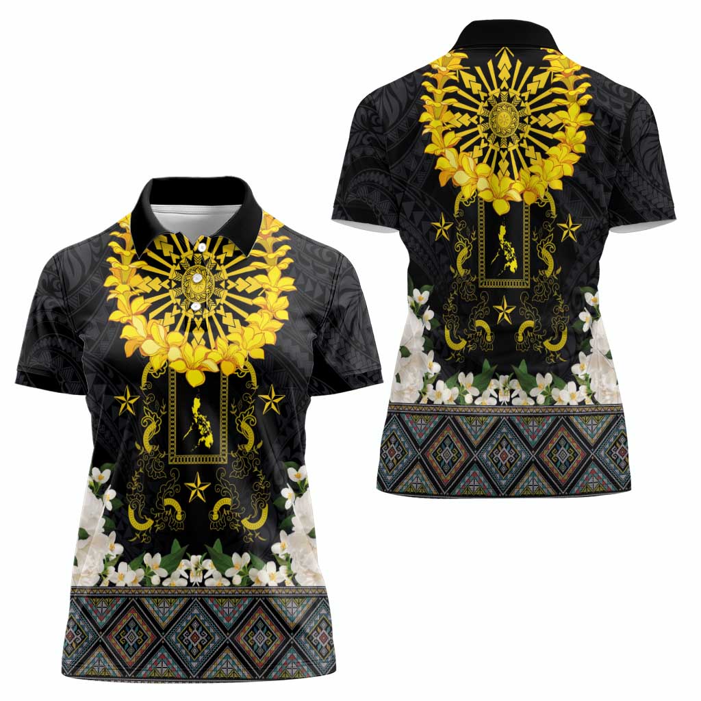 Flores de Mayo and Filipino Fiesta Women Polo Shirt The Sun-Jasmine and Polynesian Yakan Tattoo Barong Style LT03 - Polynesian Pride