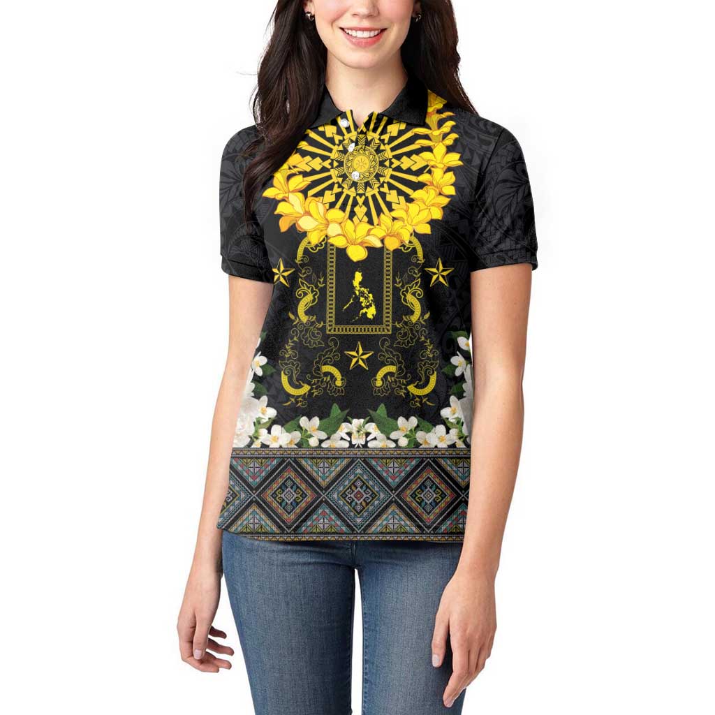 Flores de Mayo and Filipino Fiesta Women Polo Shirt The Sun-Jasmine and Polynesian Yakan Tattoo Barong Style LT03 - Polynesian Pride
