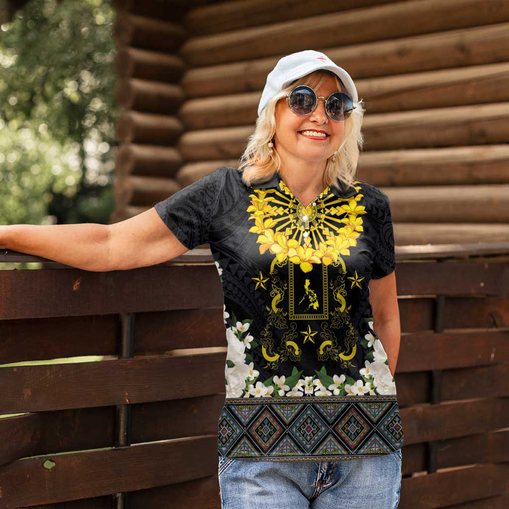 Flores de Mayo and Filipino Fiesta Women Polo Shirt The Sun-Jasmine and Polynesian Yakan Tattoo Barong Style LT03 - Polynesian Pride